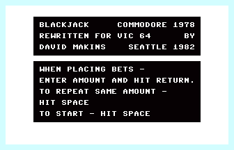 Blackjack (Commodore 1978) Title Screenshot