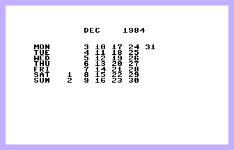 Calendar (100 Programs For The Commodore 16) Screenshot