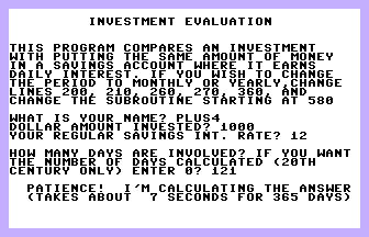 Investment Evaluation Screenshot